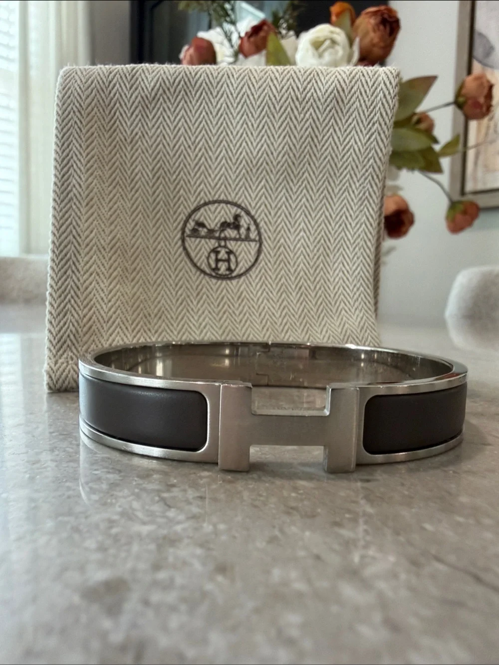 Hermes Men's H Cuff Bracelet in Grey and Silver